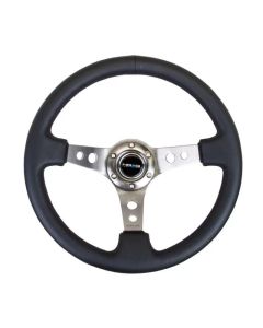 NRG Reinforced Sport Steering Wheel 350mm 3 Inch Deep Gun Metal Spoke Round holes Black Leather- NRG