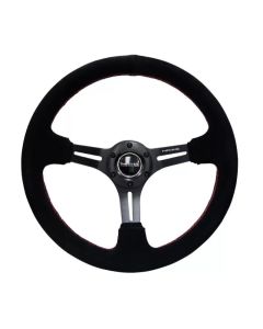 NRG Reinforced Sport Steering Wheel 350mm SUEDE 3 Inch Deep Black Leather with Red Stitch- NRG-RST-0